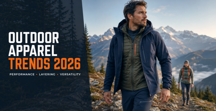 Hikers wearing versatile layered outdoor apparel featuring 2026 performance fabric trends.