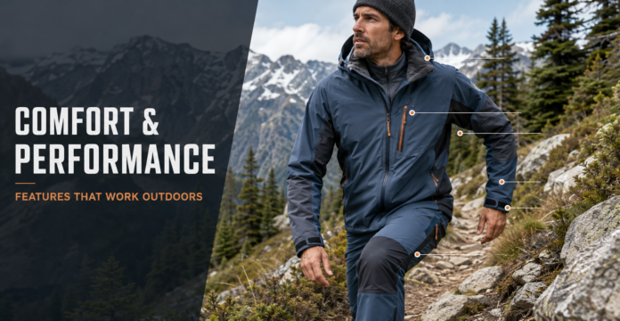 Hiker wearing technical outdoor clothing with ventilation, adjustable cuffs, stretch panels, and reinforced knees.