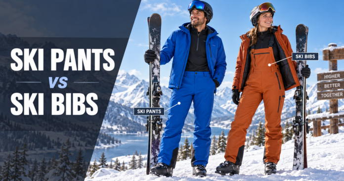 Skier wearing blue waist-high ski pants beside another skier wearing orange ski bibs with suspenders.