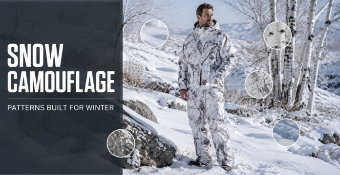 Person wearing snow camouflage that matches white terrain, birch bark, rocks, and winter shadows