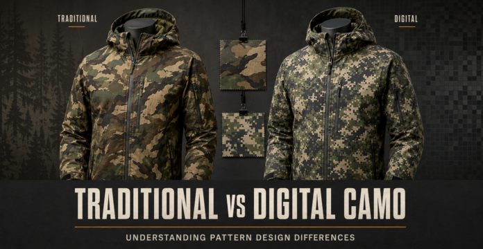 Traditional organic camouflage jacket compared with a pixelated digital camouflage jacket.