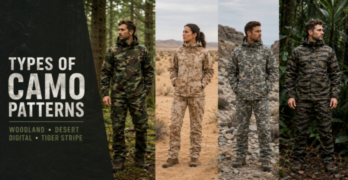 Four models wearing woodland, desert, digital, and tiger-stripe camouflage patterns.