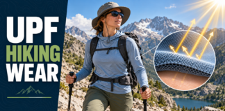 UPF Hiking Wear: How Sun-Protective Clothing Works Hiker wearing UPF clothing with a fabric cutaway showing ultraviolet rays reflected and reduced before reaching the skin.