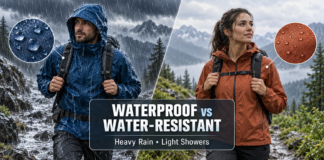 Waterproof vs Water-Resistant Clothing: What Is the Difference? Waterproof blue shell in heavy rain compared with an orange water-resistant jacket in light showers.