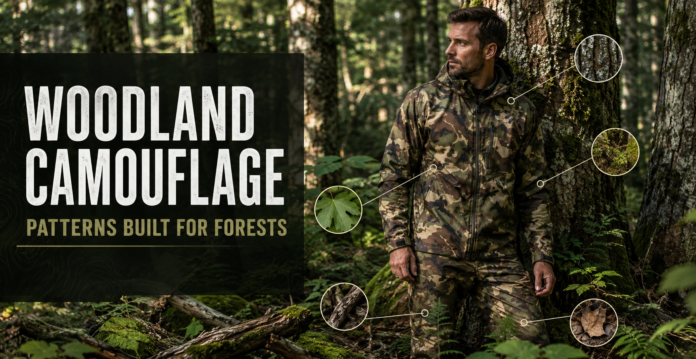 Person wearing woodland camouflage clothing that matches forest leaves, bark, moss, and shadows.