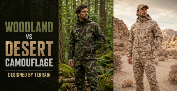 Comparison of woodland and desert camouflage clothing in matching forest and sandy terrain.