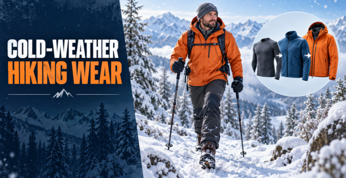 Winter hiker wearing thermal, fleece, and weatherproof layers on a snowy mountain trail.