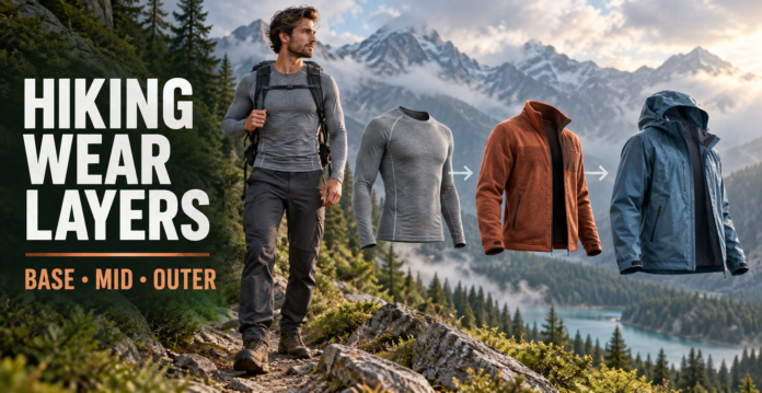 Hiker with moisture-wicking base layer, fleece mid layer, and waterproof outer shell displayed in sequence.