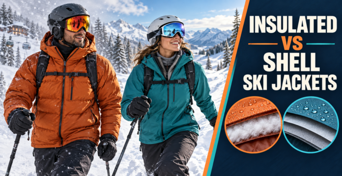Skier wearing an orange insulated jacket compared with another skier wearing a teal shell jacket.