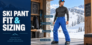 How Should Ski Pants Fit? A Guide to Ski Pant Fit and Sizing Skier wearing properly fitted blue ski pants with room at the waist, thighs, knees, and boot cuffs.