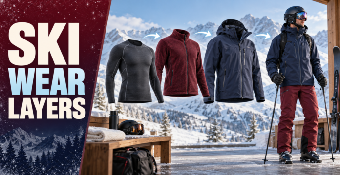 ski wear layers Thermal base layer, fleece mid layer, and waterproof outer jacket displayed beside a fully dressed skier.