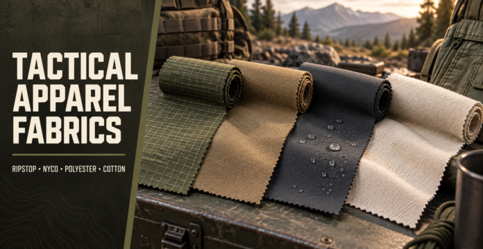 Ripstop, NYCO, polyester, and cotton tactical apparel fabrics displayed with their distinct woven textures.