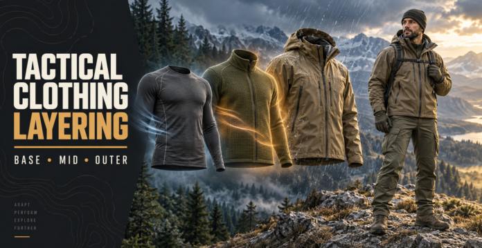 Tactical clothing system showing a moisture-wicking base layer, insulating mid layer, and weather-resistant outer shell.