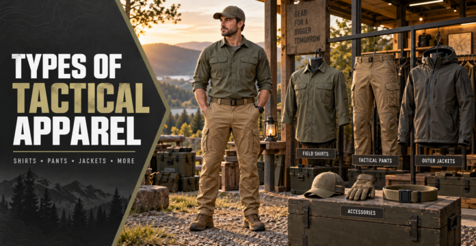 Tactical field shirt, reinforced cargo pants, weather-resistant jacket, and outdoor accessories displayed beside a model.