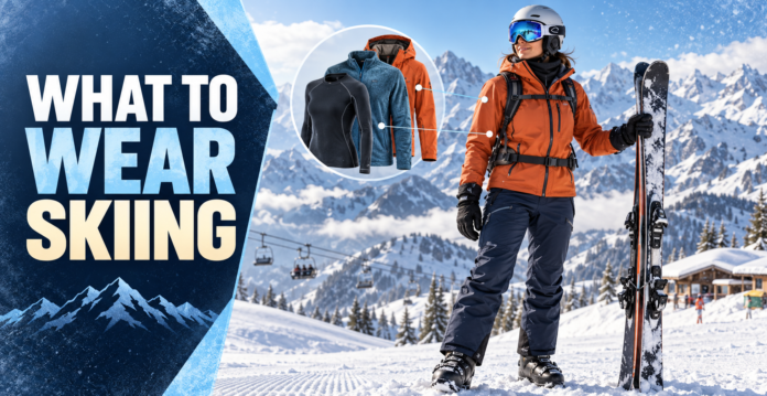 what to wear skiing Skier wearing thermal, fleece, and waterproof layers with a helmet, goggles, gloves, and ski pants.