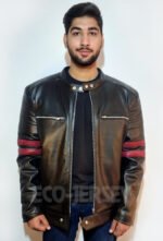 Front view of a young man in a Black Biker Leather Jacket featuring zippered pockets and red stripes.