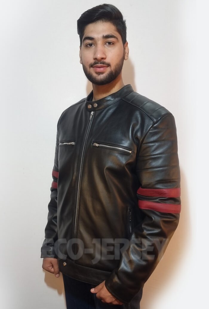 Smiling young man in a stylish Black Biker Leather Jacket, facing the camera.