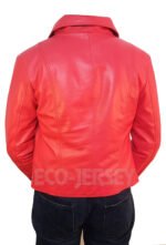 Back view of a red cropped leather jacket for women, featuring a clean, seamless design with a tailored fit and subtle stitching details