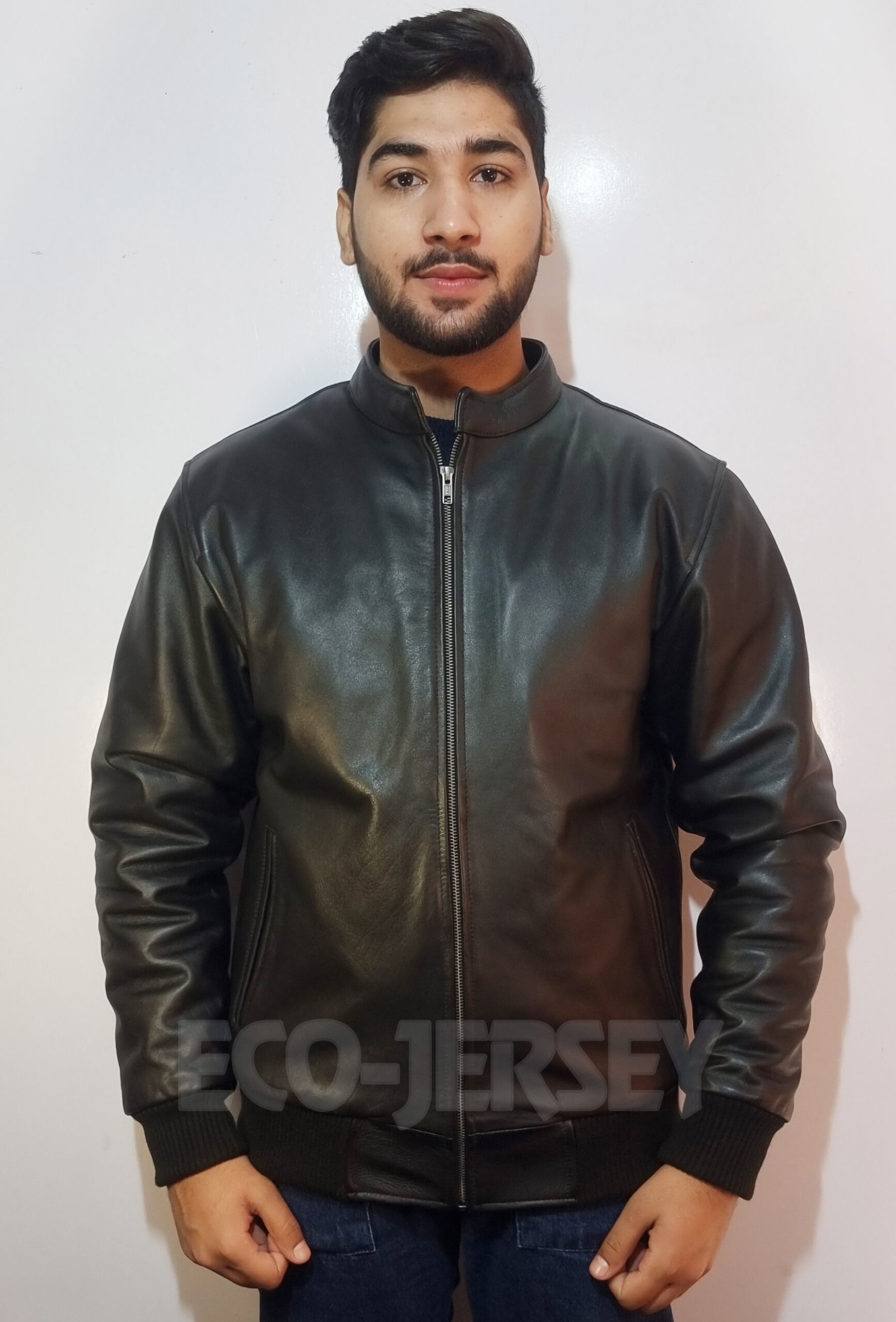 Men’s black leather bomber jacket texture close-up