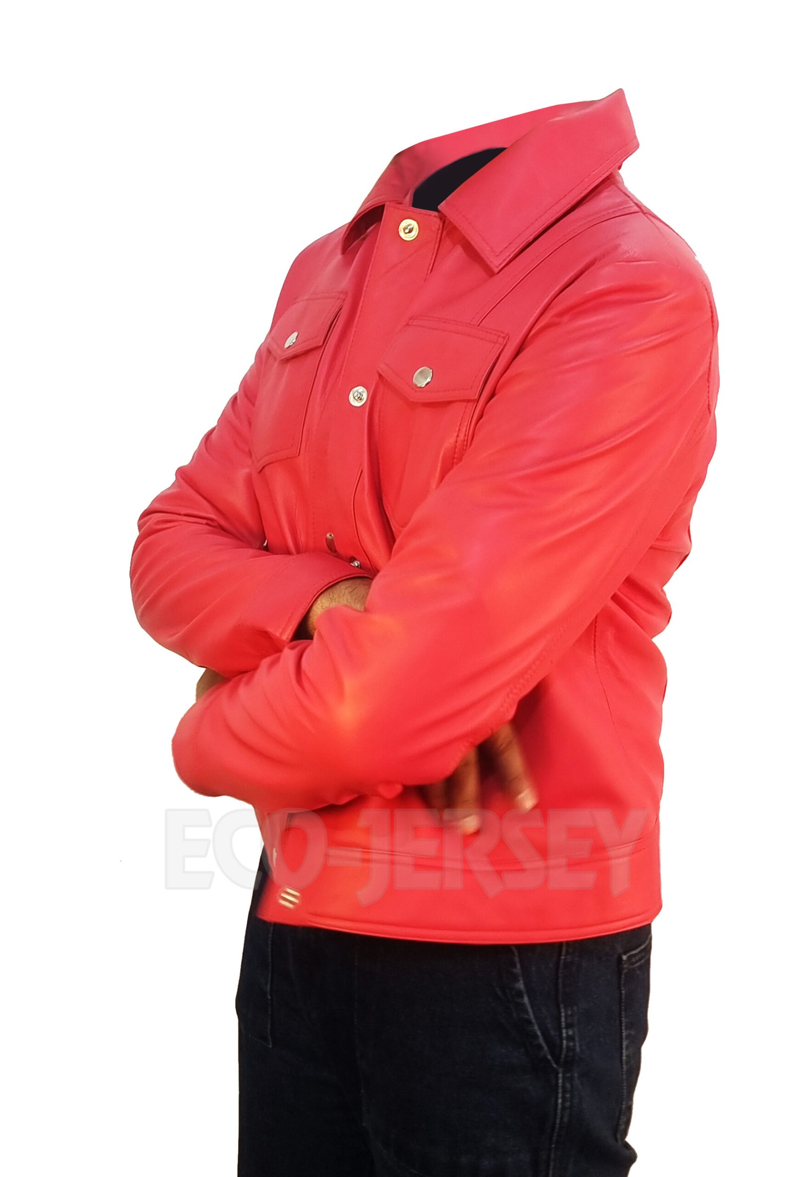 Side-angle shot of a trendy red cropped leather jacket for women, displaying its flattering cropped length and tailored sleeves.