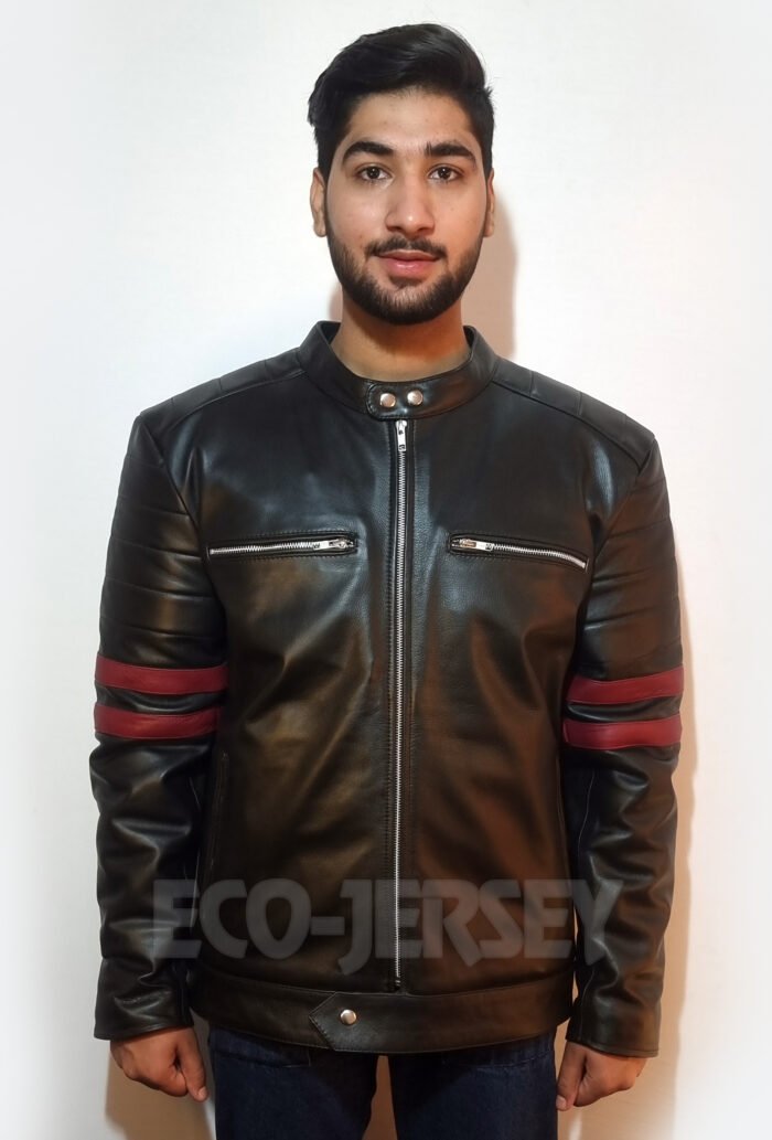 Stylish Black Biker Leather Jacket with Red Accents and quilted sleeves