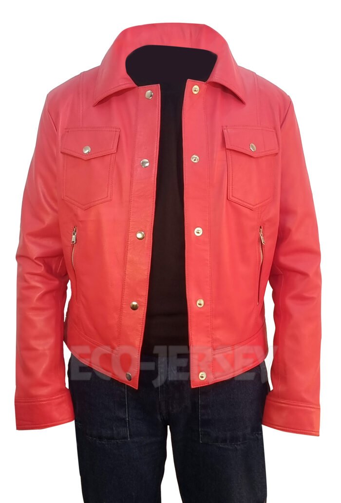 Front view of a stylish red cropped leather jacket for women, showcasing a sleek zippered design, slim fit, and soft lightweight material.