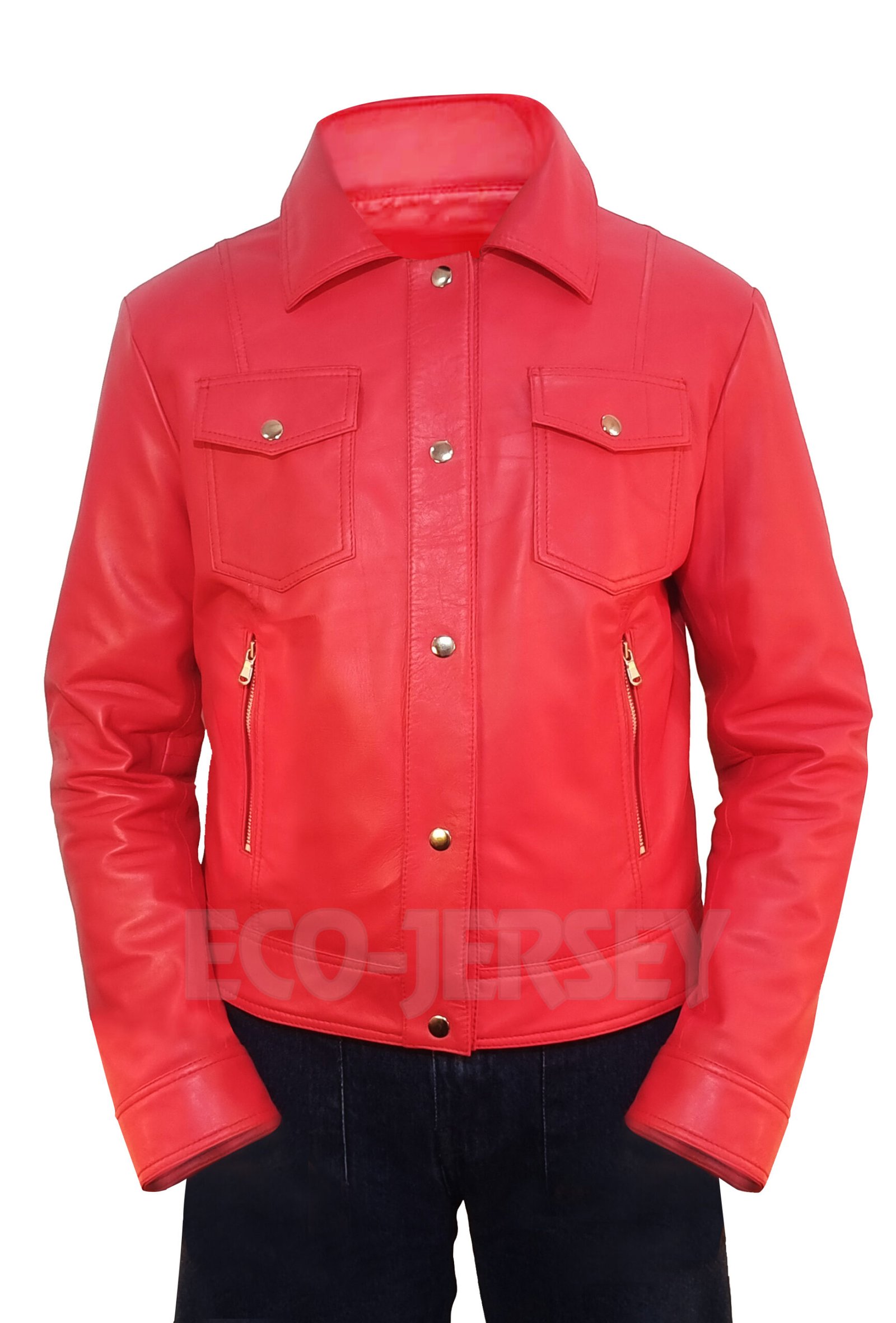 Close-up detail of a women’s red cropped leather jacket, highlighting the buttery-soft texture, precision stitching, and high-quality zipper.