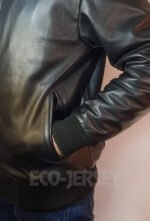 Men’s leather bomber jacket pocket detail