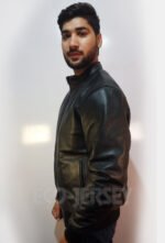 Men’s black leather bomber jacket - left-side view
