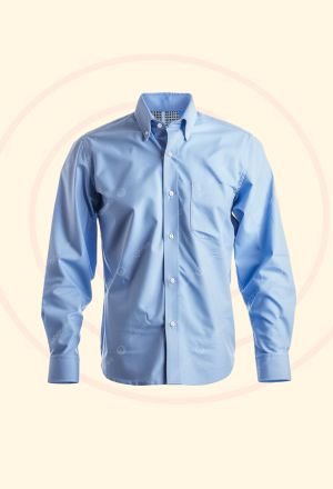 Light blue casual button-up shirt with long sleeves on a beige background with circular swirl patterns.