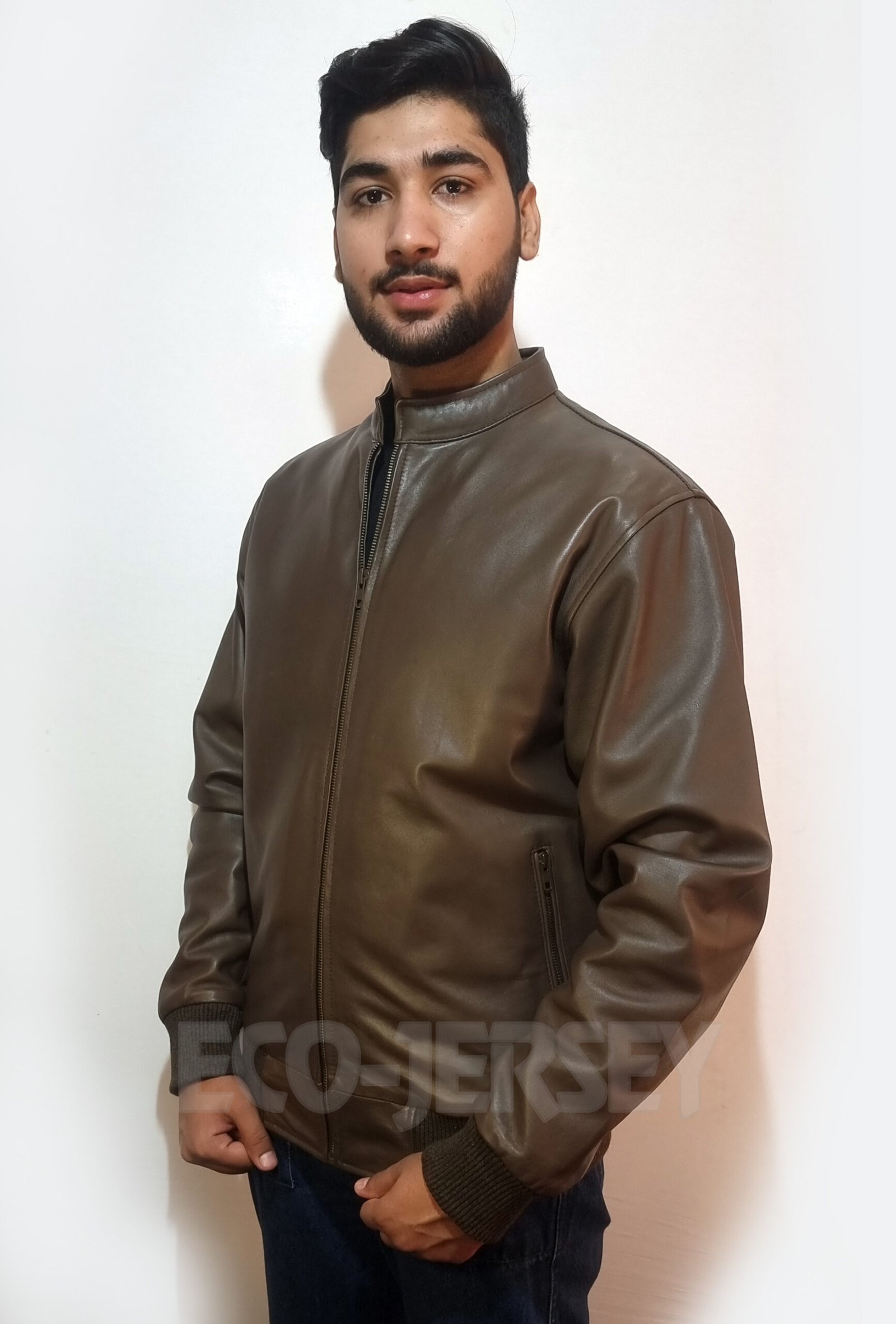 Close-up of the ribbed knit collar design on a sepia brown men's leather bomber jacket for a snug, stylish fit