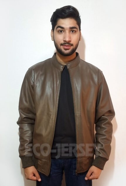 Sepia brown leather bomber jacket for men, featuring a sleek front zipper, ribbed hem, and sustainable craftsmanship. Perfect for casual and stylish outfits.