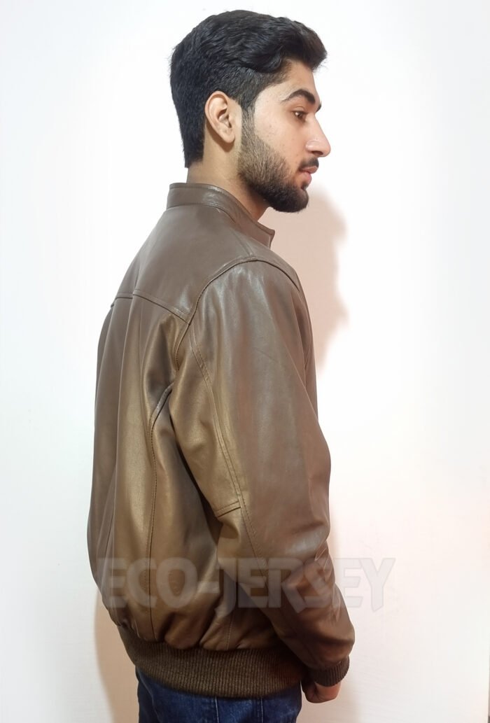 Right side view of a sepia brown men's leather bomber jacket showing its sleek silhouette and quality stitching.