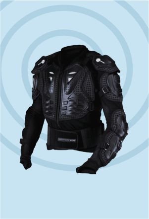 A black protective motorcycle jacket with armor padding on shoulders, chest, and arms.