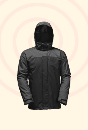 A black hooded jacket displayed against a pale background.