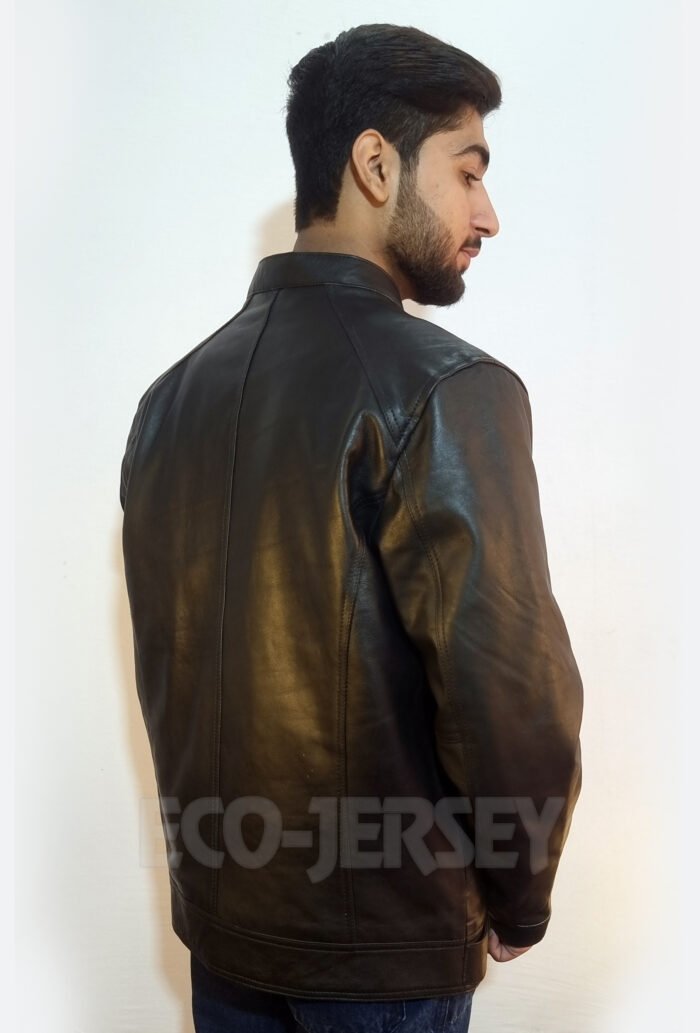 Back view of a stylish black leather jacket.