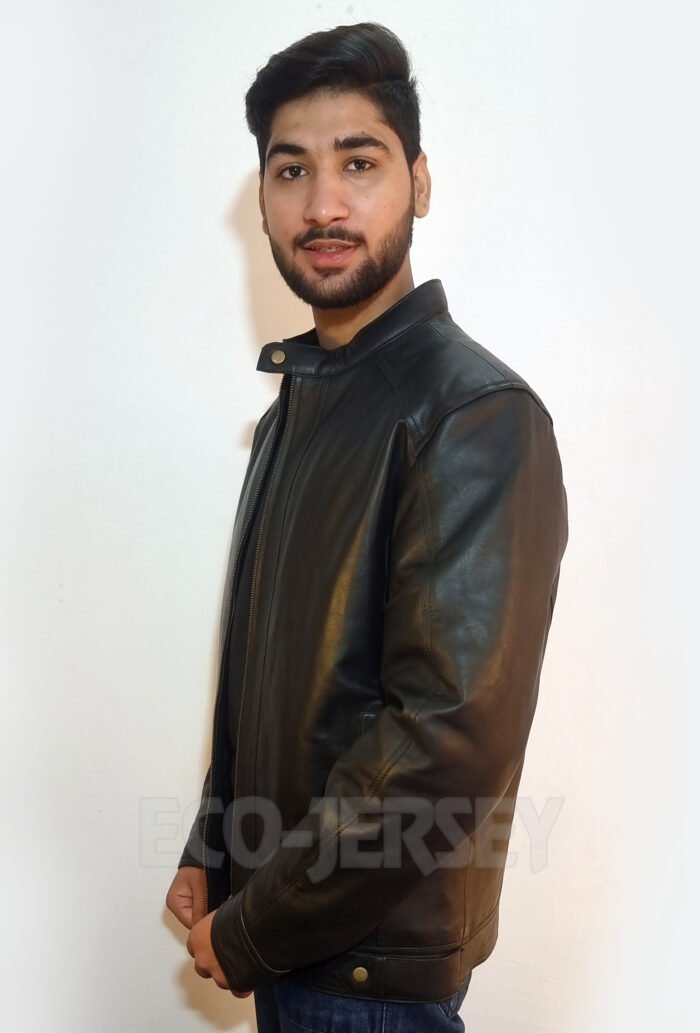Left side profile of a black leather jacket displaying its fit.