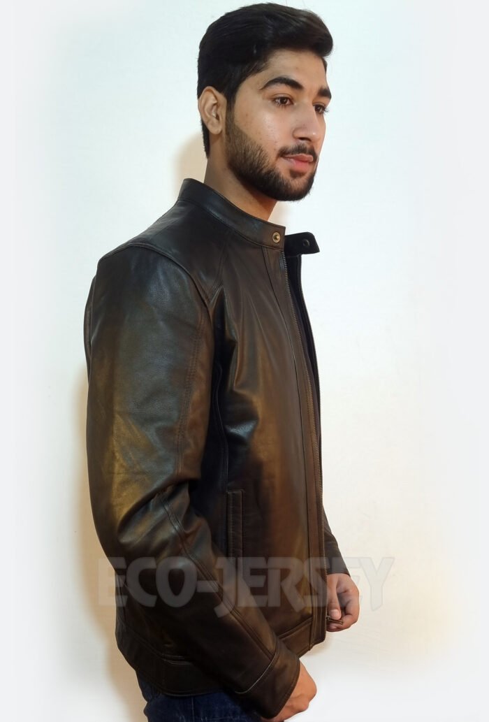 Right side profile of a black leather jacket displaying its fit.