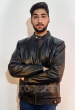 Full front view of a modern black leather jacket for men.