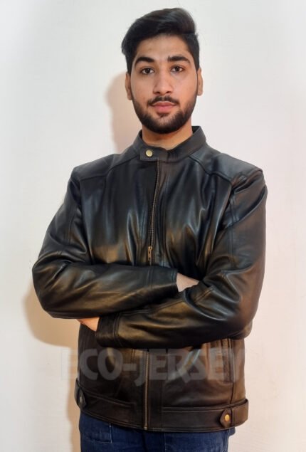 Full front view of a modern black leather jacket for men.