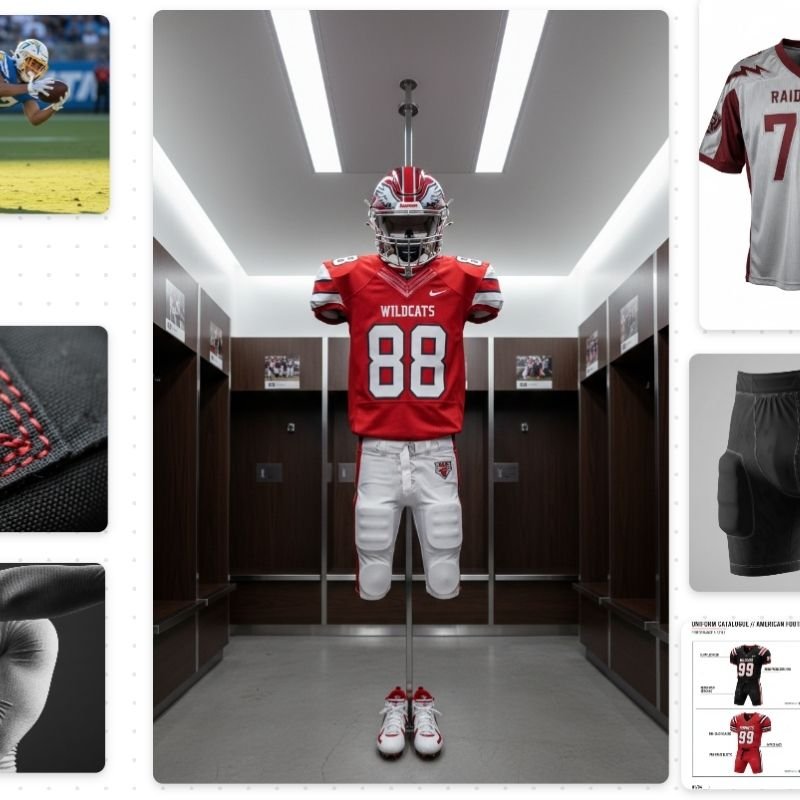 Custom sportswear display: high-quality game-ready uniform on a mannequin in a modern locker room, featuring red Wildcats jersey #88 with white pants and matching cleats. Ideal for a custom sports apparel manufacturer.
