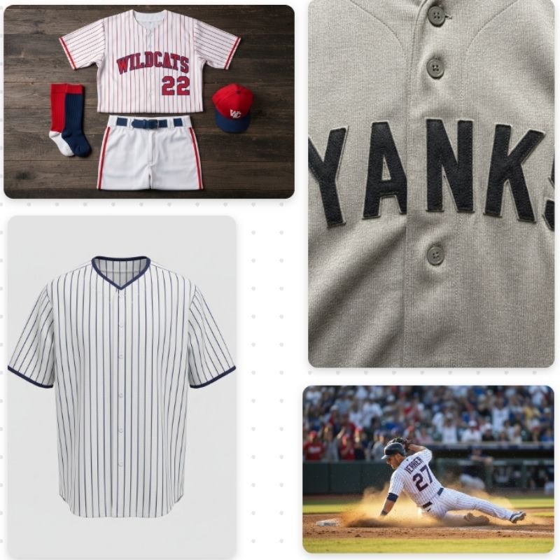 Custom sportswear showcase: high-quality baseball jersey and uniform set for Wildcats with pinstripes and bold numbers.