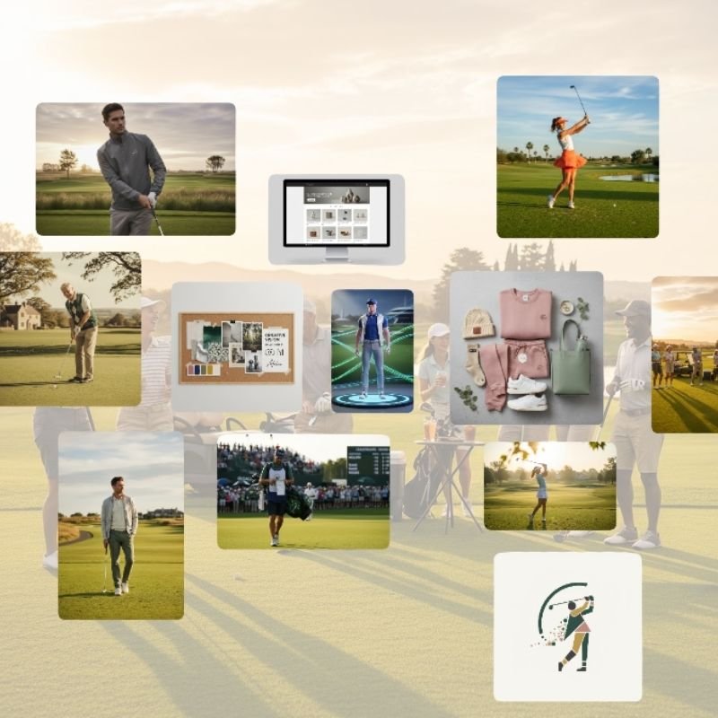 Golf and sports lifestyle collage: multiple images featuring golfers, training gear, apparel, and performance analytics for a custom sportswear manufacturer. Alt text highlights apparel, equipment, and athletic activities.
