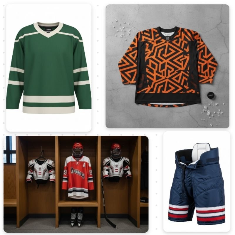 modern green hockey jersey with white trim, plus an orange geometric-patterned jersey.