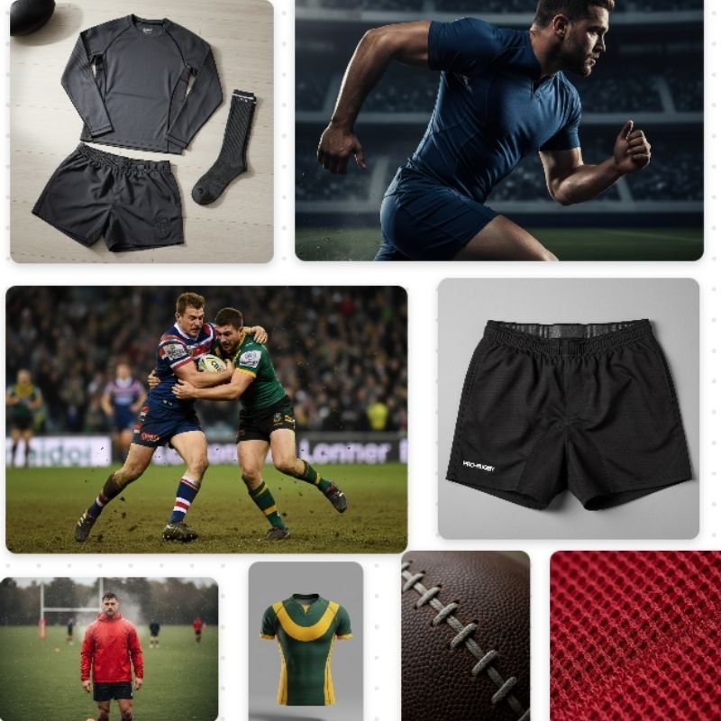 athlete apparel and gear collage featuring training kit, performance shorts, rugby and football jersey concepts, and textured materials.