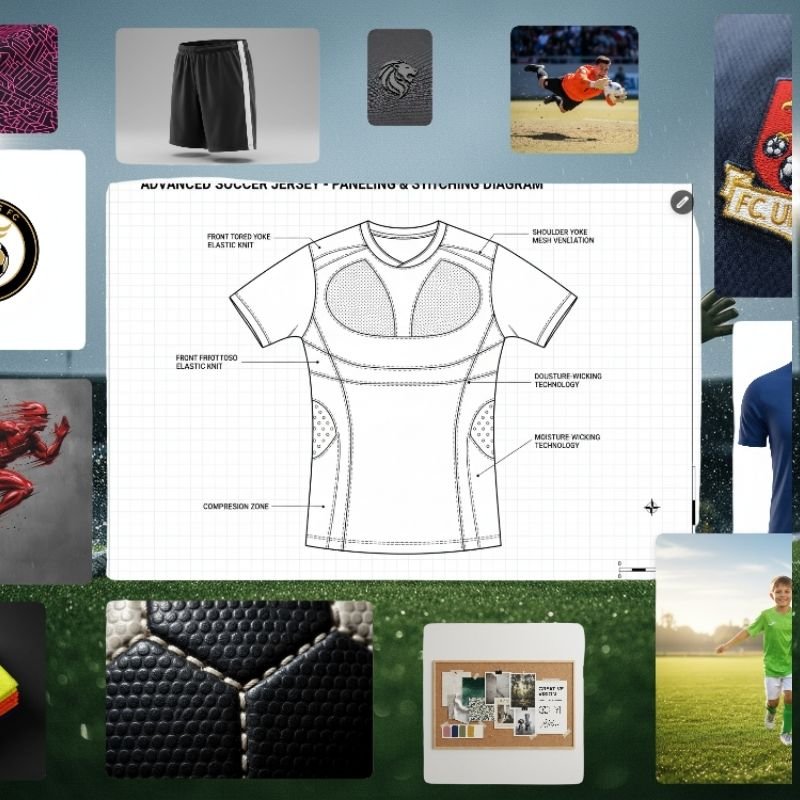 technical jersey design sketch with labeled panels, moisture-wicking panels, and compression zones.