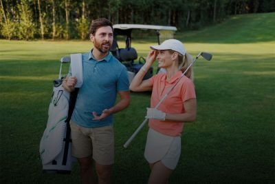 Beautifull cuple in the going to play glof wearing sports wear in the golf ground