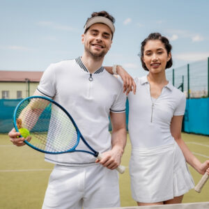 A smiling man and woman stand on a outdoor tennis-style court, dressed in matching white badminton outfits. The man holds a blue badminton racket with a yellow shuttle, while the woman rests a hand on his shoulder, each ready for play.