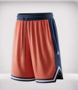 A pair of men's basketball shorts in coral and navy, with a navy waistband and drawstrings. Navy side panels and white striped hem detailing, shown from a side angle