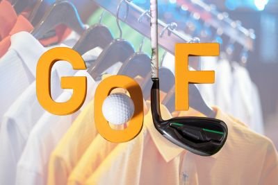 A clothing store display with yellow letters spelling “GoF” hanging in front of neatly arranged shirts on a rack; a golf club head rests near the letters, adding a sporty contrast to the apparel backdrop.